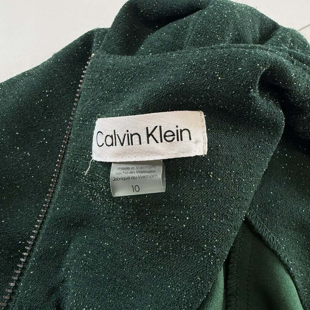 Calvin Klein Green Glitter Tulip Sleeve Belt Stretch Crop Jumpsuit Pockets 10 - Picture 10 of 11